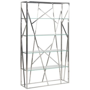Étagère Beliani Hoxie moderne en acier inoxydable poli avec design géométrique et 4 étagères en verre, argentée.
