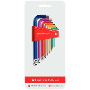 Jeu de clés mâles coudées à six pans avec tête sphérique PB Swiss Tools, code couleur.