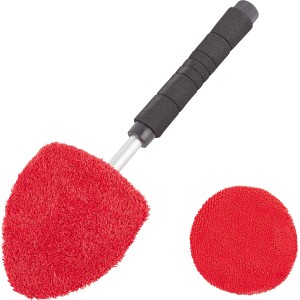 Pulitore per vetri auto telescopico con panno in microfibra rosso, cura auto.