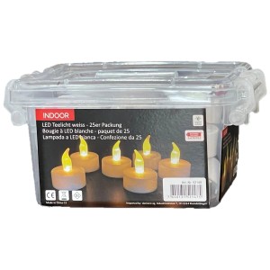 LED-Teelichter Set, 25 Stück, in transparenter Aufbewahrungsbox. Warmweißes, flackerndes Licht.