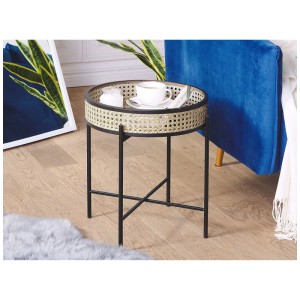 Tavolino Beliani Vienna in rattan naturale, Ø 36 cm, altezza 43 cm. Design boho con struttura in metallo.