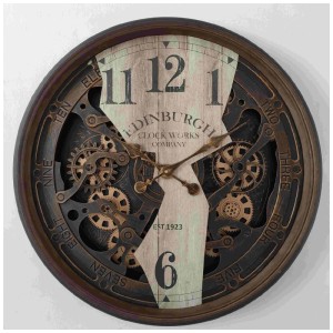 Vintage Wanduhr von Globo, braun, Ø 76cm, mit sichtbaren Zahnrädern und arabischen Ziffern.