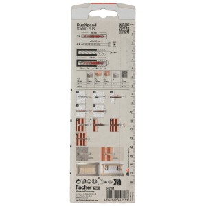 Fischer DuoXpand FUS 10x160 tassello con vite esagonale, 4 pezzi, esempi di applicazione sulla confezione.