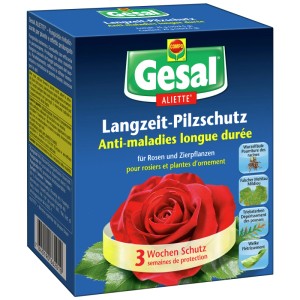 Gesal® Aliette® protezione fungina a lungo termine per rose e piante ornamentali, confezione con rosa rossa.