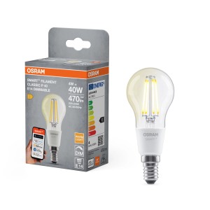 Lampadina LED Osram Matter E14, forma a goccia, 4W, dimmerabile. Luce Smart+ con effetto filamento.