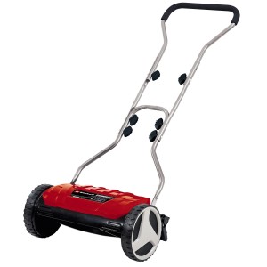 Einhell GE-HM 38 S tosaerba manuale: rasaerba a cilindro rosso con manico argento e ruote nere.