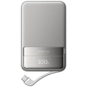 Batterie externe Ecoflow Rapid argentée, 10000 mAh, avec câble USB-C et indicateur de charge LED.