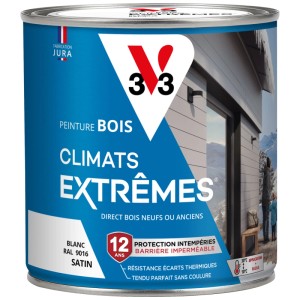 V33 Pittura per legno Climats Extrême, bianco traffico, finitura satinata, barattolo da 0,5 l per climi estremi.