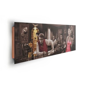 Pannello decorativo Java Dreams, 52x156 cm, con scena da bar e celebrità come James Dean e Marilyn Monroe.