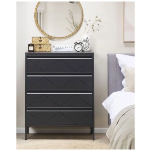 Commode noire Beliani Matana en métal avec 4 tiroirs et motif perforé en losange.