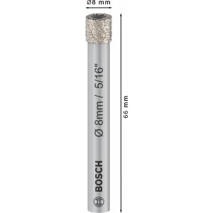 Bosch Diamantbohrer für Keramik, 8x66 mm. Silberner Fliesenbohrer mit Diamantkörnung und Maßen.