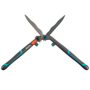 Taille-haie manuel Gardena EnergyCut 2en1 avec lames grises et poignées bleu et noir.