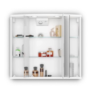 Armoire de toilette blanche Jokey Funa LED avec trois portes miroir et étagères en verre.