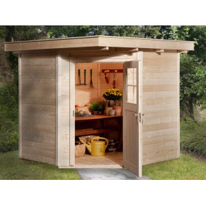 Casetta da giardino Weka Angolo 229 in legno naturale con porta aperta e attrezzi da giardino.