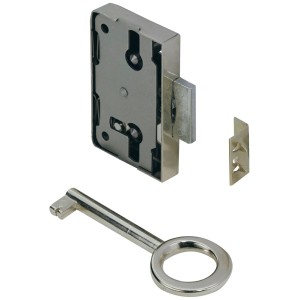 Serratura per mobili Hettich nichelata con chiave e contropiastra per ante, cassetti e ribalte.