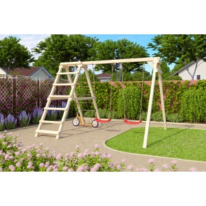 Balancelle double Karibu Felix avec structure d'escalade et rampe en filet dans le jardin.
