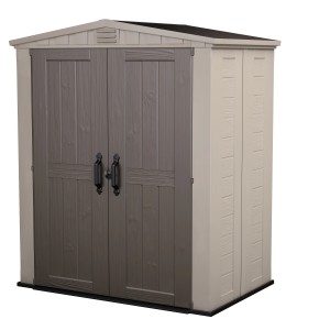 Abri de jardin en plastique Keter, beige, 2,87 m², avec double porte et toit à deux pentes.