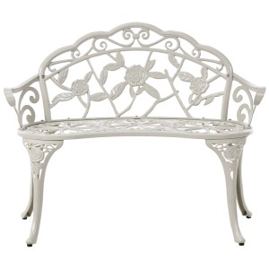 Banc de jardin Piura en aluminium blanc avec décorations florales et roses. Banc robuste pour 2 personnes de style rustique.
