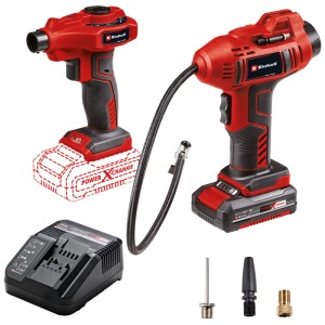 Set macchine Einhell CE-AP 18+CE-CC 18 con batteria, caricabatterie e adattatori per assistenza stradale.