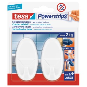 tesa crochets adhésifs, 2 crochets ovales avec 4 Powerstrips Large, se retirent sans trace.