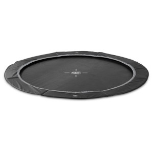 Trampolino interrato nero Exit Interra Sports, Ø 427 cm, per installazione a filo nel giardino.