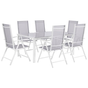 Ensemble de meubles de jardin Beliani Catania avec 6 chaises, aluminium gris, table avec plateau en verre.