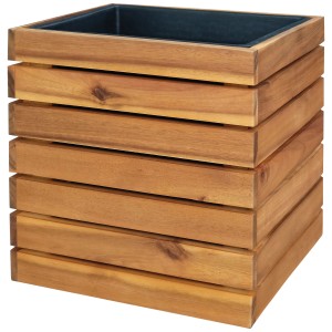 Fioriera quadrata in legno di acacia oliato con inserto in plastica, 32x32x32 cm.
