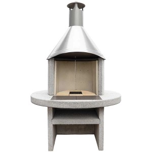 Cheminée de jardin Nouvel Colonna, barbecue rond en béton lavé gris avec conduit de fumée en acier chromé.