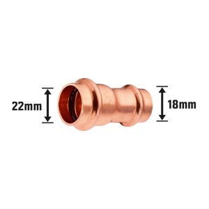 Manicotto a pressare ridotto in rame, 22 mm x 18 mm, per installazioni di tubi in rame.
