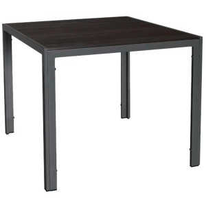 Tavolo da giardino quadrato Milano con struttura in alluminio e piano in polywood effetto legno scuro.
