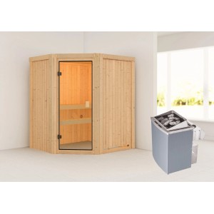 Sauna Woodfeeling Faurin con porta in vetro bronzato e stufa da 9 kW. Sauna in legno massello per ore di relax.