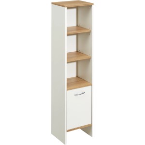 Mobile colonna bagno Pelipal Sina, bianco/rovere, 33 cm larghezza, con anta e ripiani aperti per accessori bagno.
