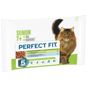 Perfect Fit cibo umido gatto Senior 7+ multipack tacchino e pesce. Confezione con gatto e Total 5 Formula.