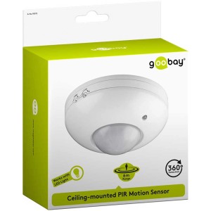 Confezione di un rilevatore di movimento PIR a 360° bianco per montaggio a soffitto.