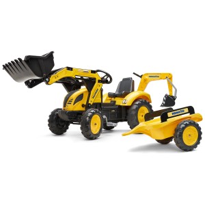 Falk Komatsu trattore XXL con rimorchio, trattore giallo per bambini con pala e braccio escavatore.