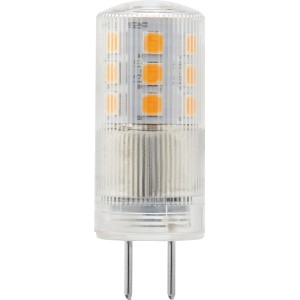 Klares GY6.35 LED Leuchtmittel mit orangefarbenen Chips und zwei Pins, 2.700 K warmweiß.