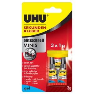 UHU Sekundenkleber Minis Gel, 3 Tuben à 1g, ideal für präzises Kleben von Porzellan, Keramik, Holz uvm.