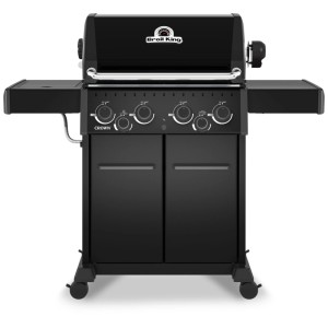 Broil King Crown 490 Shadow Gasgrill, Gusseisen, Schwarz. Grill mit Seitenkocher und Unterschrank.