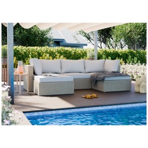 Salon de jardin Olea en polyrotin sable, canapé d'angle avec coussins gris clair sur terrasse au bord de la piscine.