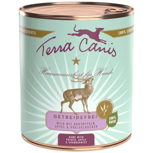 Terra Canis Hunde-Nassfutter Getreidefrei Wild, 800g Dose mit Reh-Motiv.