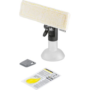 Kit pulvérisateur Kärcher Premium pour le nettoyage des vitres avec support de tampon, housse microfibre, grattoir et nettoyant.