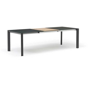 Tavolo allungabile Acamp Woody Extension antracite con piano in vetro e inserto in legno.