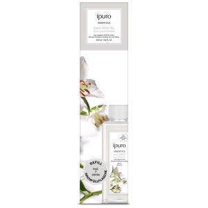 Ipuro Raumduft Refill Essentials White Lily 200 ml Nachfüllflasche mit 7 Diffuserstäbchen. Weiße Lilien auf Verpackung.