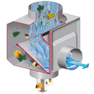 Garantia filtro pluviale Regendieb, grigio, con flusso d'acqua e foglie, accessorio per serbatoi d'acqua piovana.