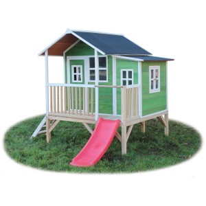Maisonnette en bois verte EXIT Loft 350 avec toboggan, échelle et annexe pour enfants.