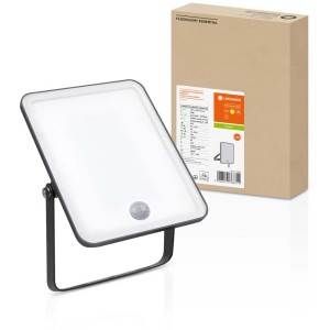 Ledvance LED-Flutlicht Essential Sensor, 30W, schwarz, mit Bewegungsmelder und Verpackung.