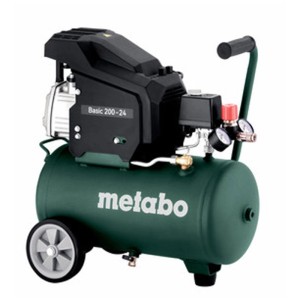Compressore Metabo Basic 200-24 con serbatoio verde da 24L, motore nero, ruote e manometri.
