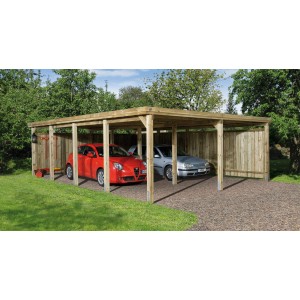 Doppio carport Weka 618 in legno, tetto piatto, senza pannelli di copertura, con due auto parcheggiate.