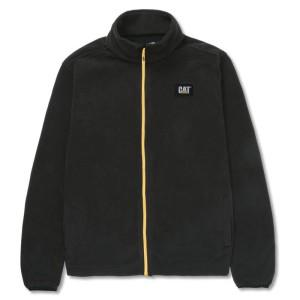 Giacca in pile Cat nera in micropile con cerniera gialla e logo. Abbigliamento da lavoro robusto.