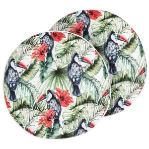 Zwei runde Beliani Gartenkissen mit buntem Tukan- und Pflanzenmuster. Polyester-Kissen Ø 40 cm, für Innen & Aussen.